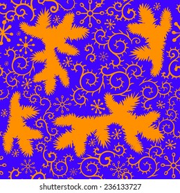 Seamless pattern with tree branches and snowflakes, frost patterns