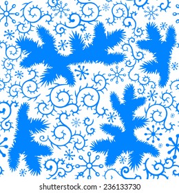 Seamless pattern with tree branches and snowflakes, frost patterns