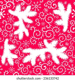 Seamless pattern with tree branches and snowflakes, frost patterns