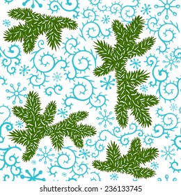 Seamless pattern with tree branches and snowflakes, frost patterns