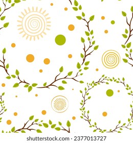 Seamless pattern with tree branches wreaths and sun symbols. Nature and healthy life style design.