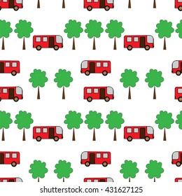 Seamless pattern with tree and bus. Vector illustration seamless for banner, card, invitation, textile, fabric, wrapping paper.