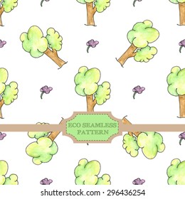 Seamless pattern of tree and flowers. Watercolor eco background. Watercolor nature seamless texture for printing, web, packing,wallpaper, textile, decorations. 