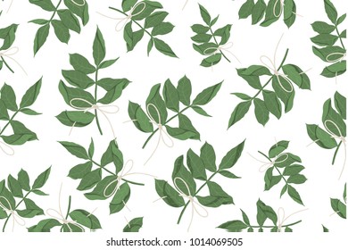 Seamless pattern of tree, foliage natural branches, green leaves. Vector fresh beauty rustic eco friendly background on white