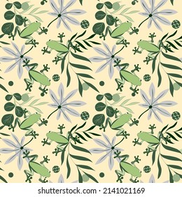 Seamless pattern. Tree frogs and tropical leaves. Tropical Background with frogs is great for printing.