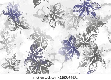 Seamless pattern of tree leaf prints. Textural watercolor aesthetic.  Chestnut leaves on watercolor monochrome background. Plant silhouette stamp. Wallpaper, modern style, fabric, textile, packaging