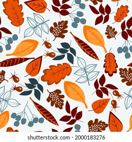 Seamless pattern of tree leaves. Autumn bright abstract floral ornament. Vector graphics.