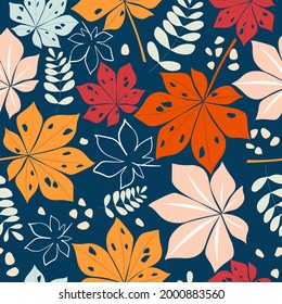 Seamless pattern of tree leaves. Autumn bright abstract floral ornament. Vector graphics.
