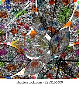 Seamless pattern of tree leaves and blots. Vector illustration