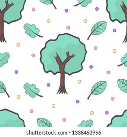 A seamless pattern with tree, leaves and colorful circles,spring leaf background