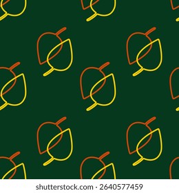 Seamless pattern with tree leaves. Contoured multi colored foliage icons on a green background. Vector illustration