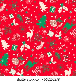 Seamless pattern with tree, leaves and  deer on a red background. Merry Christmas background. Winter vector pattern with 
