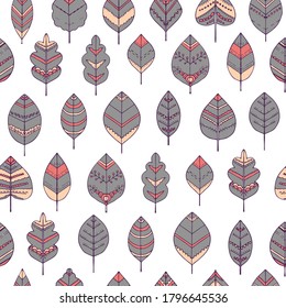 seamless pattern of tree leaves. Doodle leaves with patterns and ornaments. Autumn theme. Vector hand drawn stock illustration. Illustration for textile or wrapping paper. White background