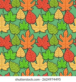 Seamless pattern of tree leaves. Illustration in pixel style on green background