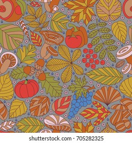 Seamless pattern with tree leaves, mushrooms and vegetables. Various elements for design. Cartoon vector illustration. Autumn background