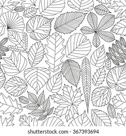 Seamless pattern and tree leaves  Various elements for design  Cartoon vector illustration  Black   white colors  Autumn background