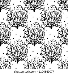 Seamless pattern with tree of life in hand drawn style. For bed linen, paper and creative design. Vector illustration. Isolated on white