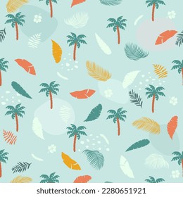 Seamless pattern with tree palms and exotic leaves 