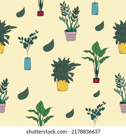 Seamless pattern tree pots with beige background. Seamless wallpaper. Flat vector illustration.