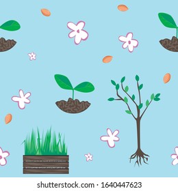 Seamless pattern with tree seedling, pomegranate seeds and leaves. Flat vector stock illustration on a garden theme for printing on fabric or paper.