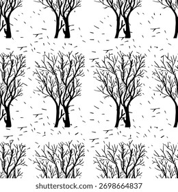 Patrón sin fisuras con siluetas de árbol en blanco y negro. Ilustración vectorial para su diseño