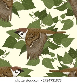 Seamless pattern with a tree sparrow flying against a background of green birch leaves. Decorative vector illustration.