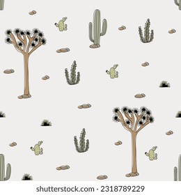 


seamless pattern with tree, stones and different types of desert cacti