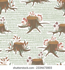 Seamless pattern with tree stump, mushrooms and grass. Autumn woodland design.  Modern floral print for fabric, textiles, wrapping paper. Vector illustration