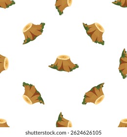 Seamless pattern of tree stumps with visible tree rings and surrounded by green grass, creating a repeating motif on white background
