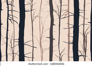 Patrón transparente con troncos de árbol sin hojas. Siluetas de bosque sin vida. Antecedentes primaverales / finales del otoño. Diseño gráfico vectorial.