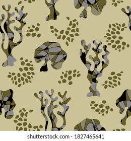Seamless pattern. Trees with abstract stained glass patterns and doodles. Vector design for fabric