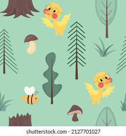 Seamless pattern with trees and animals. Spring has come. Cute, cheerful duck and bee in the forest, trees and Christmas trees, mushrooms. Duck in glasses. Print for children clothes on overalls.