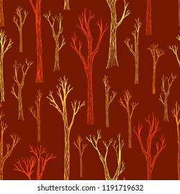 Seamless pattern of trees bark of autumn forest contours of hand drawing