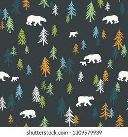 Seamless pattern with trees and bears on a dark background. Vector illustration. Use for textile, print, surface design, fashion kids wear