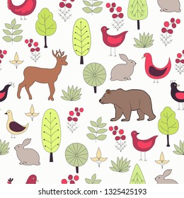 Seamless pattern, trees and birds,  bear, hear,  spring forest, abstraction, hand drawing, vector illustration