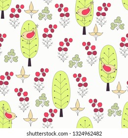 Seamless pattern, trees and birds, spring forest, abstract, hand drawn, vector illustration