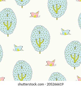 Seamless pattern with trees and birds, vector illustration.