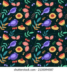 Patrón sin foco con árboles y pájaros. Silueta de vida silvestre, adorno floral blanco sobre fondo azul. Ilustración de vectores dibujada a mano, jardín al estilo japonés