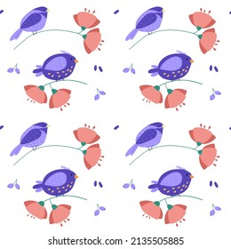 Seamless pattern with trees and birds. Wildlife silhouette, white floral ornament on blue background. Vector hand drawn illustration, garden in japanese style