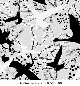 Seamless pattern with trees and branches  black and white abstract pattern with birds
