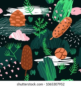 Seamless Pattern with Trees, Branches and Fir Cones. Childish Forest Background with Abstract Elements for Fabric Textile, Wallpaper, Wrapping Paper, Decoration. Vector illustration