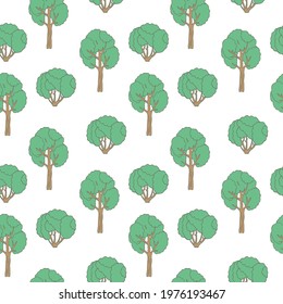 Seamless pattern with trees and bushes. Garden, park and forest. For printing wrapping paper, wallpaper, packaging, fabric. Hand Drawn vector illustration.