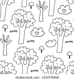 Seamless pattern with trees, bushes, mushrooms and hearts. Kids pencil line sketchy doodles. Perfect for t-shirt print design and textile