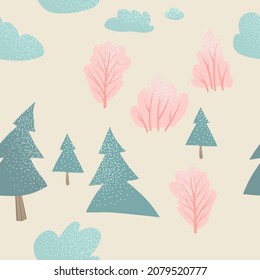 Seamless pattern with trees and bushes. Texture on a light beige background