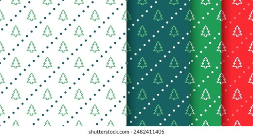 Seamless pattern with trees. Christmas background. Set of Xmas New year textures. Holiday red green print. Collection festive wrapping papers. Vector illustration. Geometric backdrop in line art style