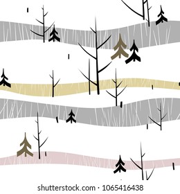 Seamless pattern with trees and Christmas trees. Winter print. Vector illustration.