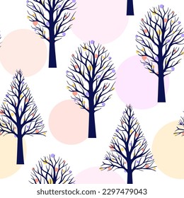 Patrón sin foco con árboles y círculos sobre fondo blanco.