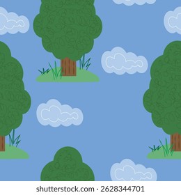 Seamless pattern with trees, clouds, and grass on a blue background, hand drawn in a cartoon doodle style for kids’ textiles, endpaper, nursery decor, wrapping paper, notebooks, backgrounds.