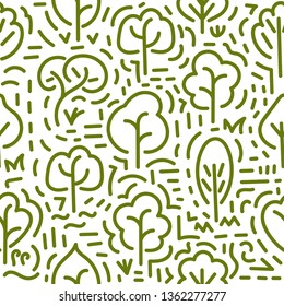 Seamless pattern with trees, doodles. Vector