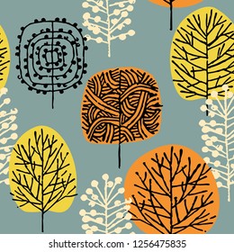 Seamless pattern with trees. Drawing of autumn forest by hand.